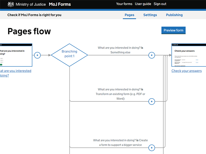 The branches of a form are indicated in the flow view by arrows.